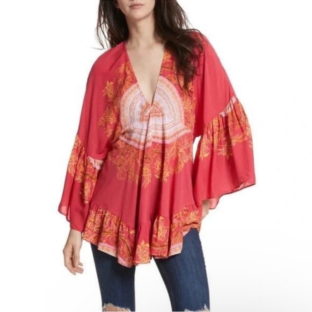 Free People Sunset Dreams V Neck Ruffle Bell Sleeve Tunic Blouse Top oversized